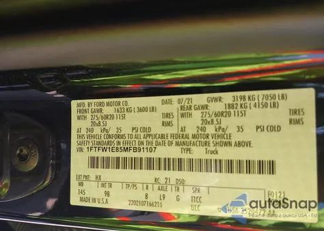 2021 Ford F-150 Platinum z USA, uszkodzony, nr VIN 1FTFW1E85MFB91107